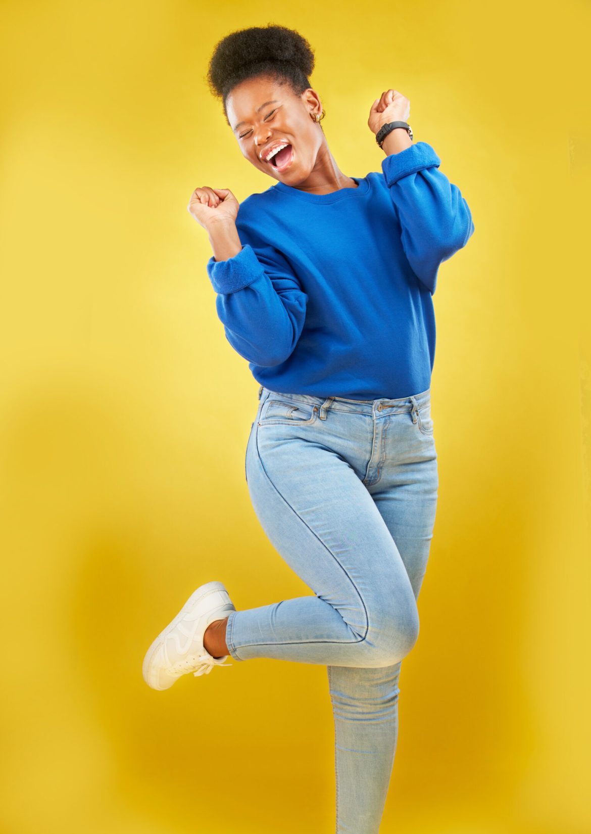 happy-dance-or-black-woman-in-studio-for-celebrat-2023-07-29-01-54-55-utc Happy, dance or black woman in studio for celebration, achievement or goal with confidence. Moving,.
